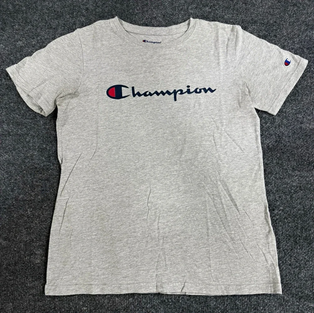 Champion Mens XL Gray T Shirt Big Script Logo Athletic Casual Short Sleeve Tee